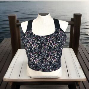 Zelos Sports Bra Strappy Back Stretchy Black Floral Print Full Coverage Comfort